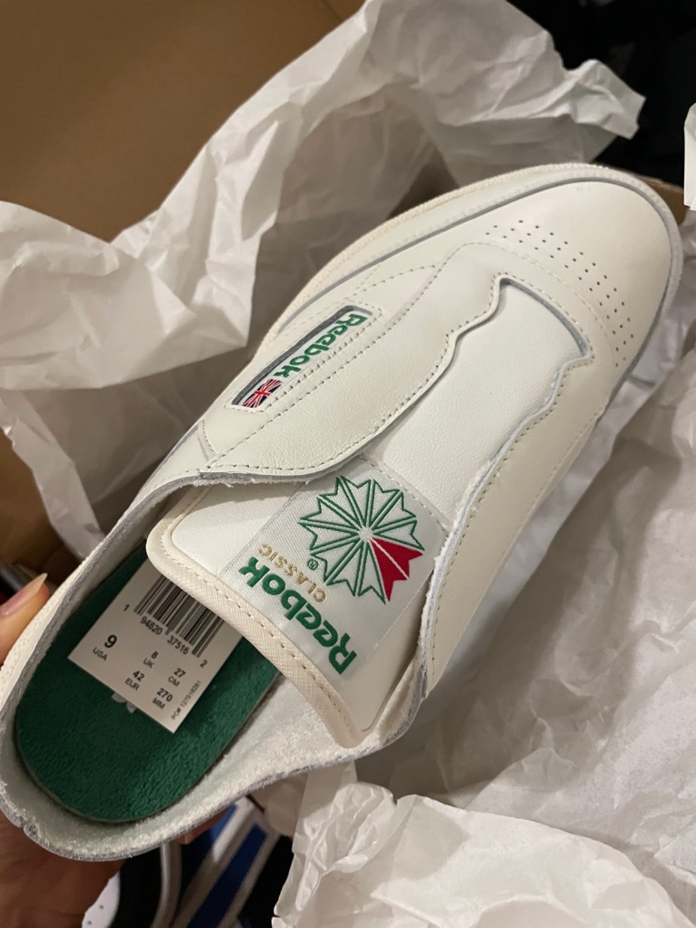 Reebok White Laceless Mule Sneaker with Green Insole